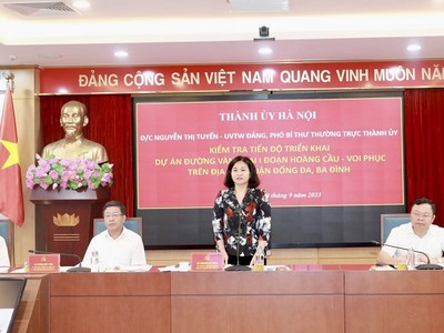 Phó Bí thư Thường trực Thành ủy Hà Nội Nguyễn Thị Tuyến đề nghị đẩy nhanh tiến độ công tác giải phóng mặt bằng đường Vành đai 1 (đoạn Hoàng Cầu - Voi Phục) trong năm 2023 và kết thúc dự án vào năm 2024.