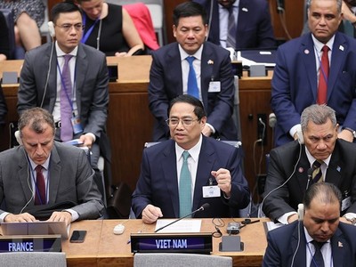 Thủ tướng Phạm Minh Chính phát biểu tại Hội nghị Thượng đỉnh Tham vọng Khí hậu của Liên hợp quốc. (Ảnh: Dương Gian/TTXVN)