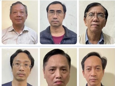 Các bị can liên quan sai phạm tại Trung tâm công nghệ sinh học TP.HCM (từ trái qua phải): Dương Hoa Xô; Nguyễn Đăng Quân; Nguyễn Viết Thạch; Nguyễn Trần Long; Nguyễn Minh; Trần Vinh Vũ.