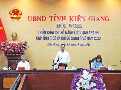Phó chủ tịch UBND tỉnh Kiên Giang Nguyễn Thanh Nhàn phát biểu chỉ đạo tại Hội nghị triển khai Chỉ số PCI và Chỉ số PGI năm 2023 của tỉnh ảnh: khánh thùy 