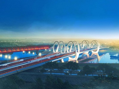 Phối cảnh cầu đường sắt và cầu đường bộ vượt sông Đuống.