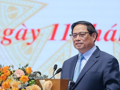 Thủ tướng Phạm Minh Chính phát biểu tại buổi gặp mặt giữa Thường trực Chính phủ với đại diện giới doanh nhân Việt Nam chiều 11/10 (Ảnh: VGP/Nhật Bắc) 