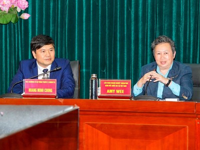 Ông Hoàng Minh Cường, Phó chủ tịch UBND TP. Hải Phòng và bà Amy Wee, Giám đốc Liên đoàn Doanh nghiệp Singapore tại Việt Nam tại buổi làm việc.