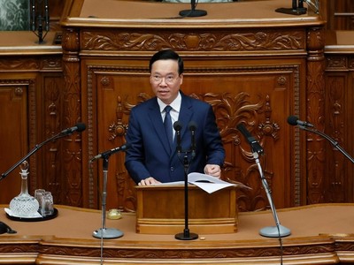 Chủ tịch nước Võ Văn Thưởng phát biểu trước Quốc hội Nhật Bản. (Ảnh: Thống Nhất/TTXVN) 