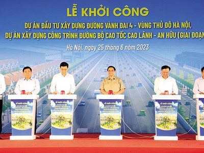 Lãnh đạo Chính phủ và các bộ, ngành, địa phương nhấn nút khởi công Dự án Đầu tư xây dựng đường Vành đai 4 - Vùng Thủ đô Hà Nội 