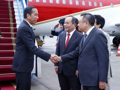 Chủ nhiệm Văn phòng Chủ tịch nước Lê Khánh Hải và Chủ tịch Ủy ban Nhân dân thành phố Hà Nội Trần Sỹ Thanh đón Tổng thống Indonesia Joko Widodo tại Sân bay Quốc tế Nội Bài. (Ảnh: An Đăng/TTXVN)