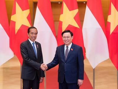 Chủ tịch Quốc hội Vương Đình Huệ đón và hội kiến Tổng thống Indonesia Joko Widodo. (Ảnh: Quochoi.vn)