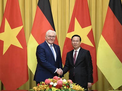Chủ tịch nước Võ Văn Thưởng đón và hội đàm với Tổng thống Đức Frank-Walter Steinmeier. (Ảnh: Đức Thanh)