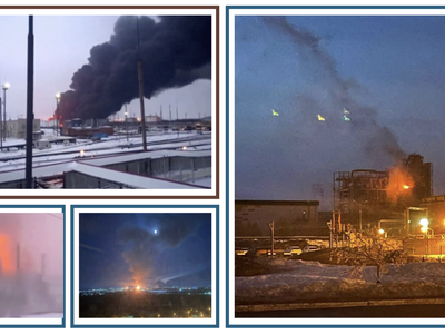 Hình ảnh một số cơ sở lọc dầu của Liên bang Nga bốc cháy sau khi bị máy bay không người lái của Ukraine tấn công.