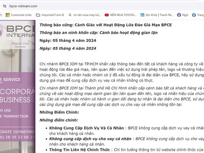 Ngân hàng BPCE IOM Chi nhánh TP.HCM phải cảnh báo an ninh khẩn cấp ngay trên website của mình 
