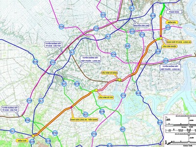 Bản đồ hướng tuyến trục giao thông đô thị TP.HCM - Long An - Tiền Giang.