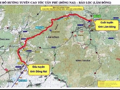 Bản đồ tổng thể hướng tuyến cao tốc Tân Phú - Bảo Lộc.