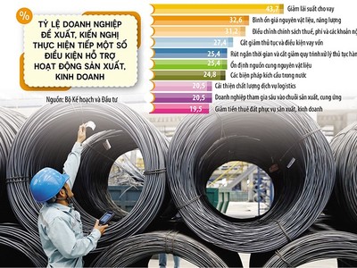 Doanh nghiệp mong đợi Chính phủ có thêm các chính sách hỗ trợ thúc đẩy hoạt động cải thiện môi trường kinh doanh, cải cách cơ chế, chính sách và thủ tục hành chính liên quan hoạt động sản xuất, kinh doanh. Ảnh: Đức Thanh. Đồ họa: Đan Nguyễn