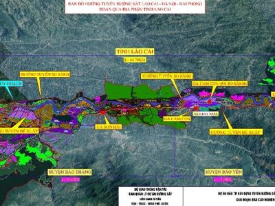 Bản đồ hướng tuyến đường sắt Lào Cai - Hà Nội - Hải Phòng đoạn qua tỉnh Lào Cai. 