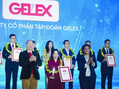 Bà Nguyễn Hồng Nhung - Giám đốc Ban Truyền thông Tập đoàn GELEX nhận cúp vinh danh và chứng nhận “Top 50 The Best”. 