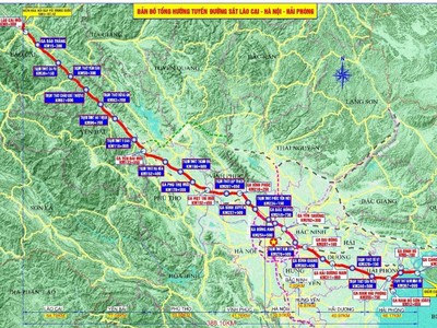 Bản đồ tổng thể hướng tuyến đường sắt Lào Cai - Hà Nội - Hải Phòng.