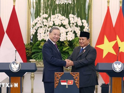 Tổng Bí thư Tô Lâm và Tổng thống Cộng hòa Indonesia, Chủ tịch Đảng Phong trào Indonesia vĩ đại (Gerindra) Prabowo Subianto phát biểu với báo chí. Ảnh: TTXVN