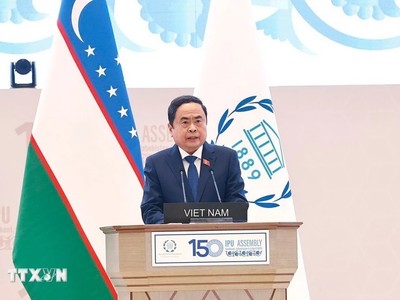 Chủ tịch Quốc hội Trần Thanh Mẫn phát biểu tại Phiên toàn thể cấp cao Đại hội đồng Liên minh Nghị viện Thế giới lần thứ 150 (IPU-150). Ảnh: TTXVN 