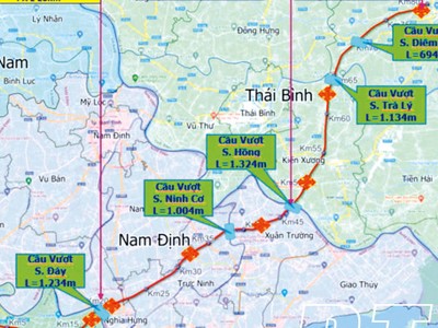 Hướng tuyến Dự án đường cao tốc Ninh Bình - Hải Phòng, đoạn qua tỉnh Nam Định và Thái Bình (ảnh: thaibinh.gov.vn). 