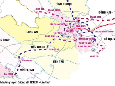 Bản đồ hướng tuyến đường sắt TP.HCM - Cần Thơ. 