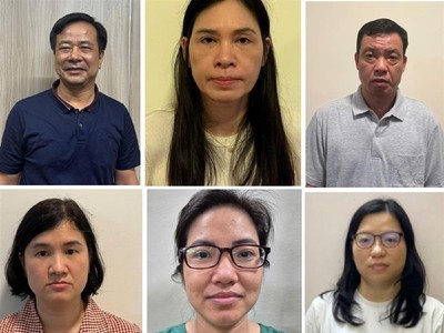 Vợ chồng Nghiêm Quốc Hưng (phía trên bên trái) và các đồng phạm bị khởi tố. Ảnh: BCA