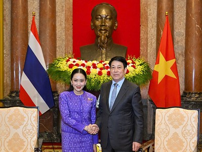 Chủ tịch nước Lương Cường tiếp Thủ tướng Thái Lan Paetongtarn Shinawatra. Ảnh: Đức Thanh 