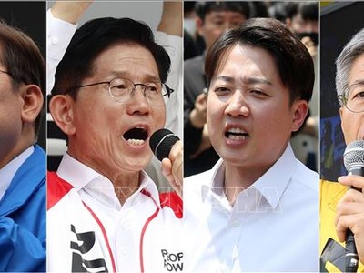 Các ứng viên tranh cử Tổng thống Hàn Quốc (từ trái sang): Lee Jae Myung của đảng Dân chủ (DP), Kim Moon Soo của đảng Quyền lực Quốc dân (PPP), Lee Jun-seok của đảng Cải cách mới (NRP) và Kwon Young Kook của đảng Lao động Dân chủ. Ảnh: Yonhap/TTXVN