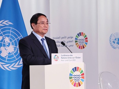 Thủ tướng Chính phủ Phạm Minh Chính phát biểu tại phiên toàn thể của Hội nghị cấp cao về đại dương của Liên hợp quốc lần thứ 3 (UNOC 3). Ảnh: Nhật Bắc. 