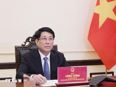 Chủ tịch nước Lương Cường điện đàm với Tổng thống Hàn Quốc Lee Jae Myung. Ảnh: TTXVN 