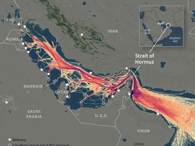 Bản đồ Vịnh Ba Tư và Eo biển Hormuz cho thấy lưu lượng tàu chở dầu đi qua khu vực này vào tháng 9/2024. Nguồn: AFP
