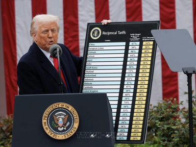 Tổng thống Mỹ Donald Trump công bố các mức thuế đối ứng mới tại Nhà Trắng, ngày 2/4/2025. Ảnh: Reuters/TTXVN