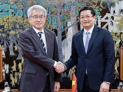 Thứ trưởng Nguyễn Đức Tâm (bên phải) và ông Hataeda Mikio tại buổi tiếp. Ảnh: Mạnh Tuấn.