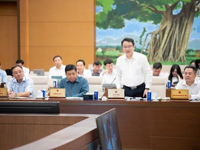 Thứ trưởng Bộ Tài chính Trần Quốc Phương báo cáo tại phiên họp. 