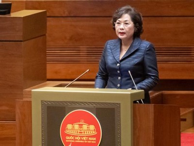 Thống đốc Nguyễn Thị Hồng trình bày tờ trình của Chính phủ về dự thảo Luật Bảo hiểm tiền gửi (sửa đổi). Ảnh: PT 