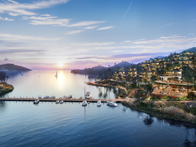 Bến du thuyền tại Flamingo Yacht Club dưới ánh hoàng hôn