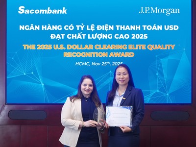 Sacombank (STB) nhận giải thưởng từ J.P.Morgan – khẳng định năng lực xử lý điện thanh toán quốc tế hàng đầu tại Việt Nam