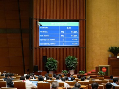 100% đại biểu có mặt đã nhấn nút tán thành điều chỉnh Quy hoạch tổng thể quốc gia. 