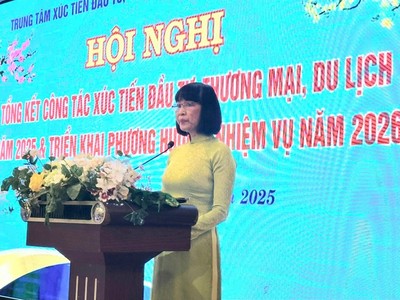Bà Quảng Xuân Lụa, Giám đốc Trung tâm Xúc tiến Đầu tư, Thương mại và Du lịch tỉnh An Giang phát biểu tại Hội nghị