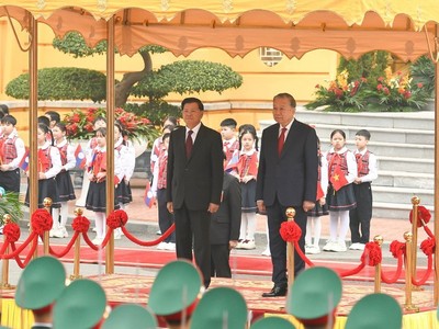 Tổng Bí thư Tô Lâm chủ trì Lễ đón Tổng Bí thư, Chủ tịch nước Lào Thongloun Sisoulith 