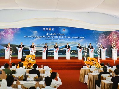 Thủ tướng Chính phủ Lê Minh Hưng bấm nút khởi công tuyến đường sắt tốc độ cao Hà Nội - Quảng Ninh 