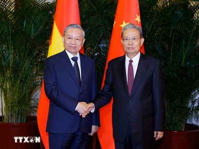 Tổng Bí thư, Chủ tịch nước Tô Lâm hội kiến Ủy viên trưởng Nhân đại toàn quốc Trung Quốc Triệu Lạc Tế. (Ảnh: Thống Nhất/TTXVN)