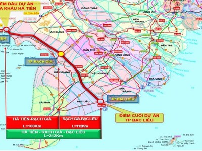 Hướng tuyến dự kiến của Dự án đầu tư xây dựng đường cao tốc Hà Tiên - Rạch Giá - Bạc Liêu.