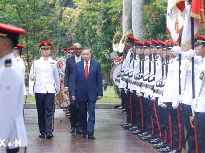Tổng Bí thư, Chủ tịch nước Tô Lâm và Tổng thống Singapore Tharman Shanmugaratnam duyệt Đội danh dự. (Ảnh: Thống Nhất/TTXVN) 