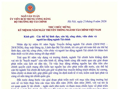 Bộ trưởng Ngô Văn Tuấn gửi thư chúc mừng 81 năm Ngày truyền thống ngành Tài chính 