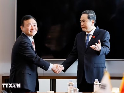Chủ tịch Quốc hội Trần Thanh Mẫn tiếp ông Roh Tae Moon, Phó Chủ tịch cấp cao kiêm Tổng Giám đốc điều hành Samsung điện tử (Hàn Quốc). (Ảnh: Doãn Tấn/TTXVN)