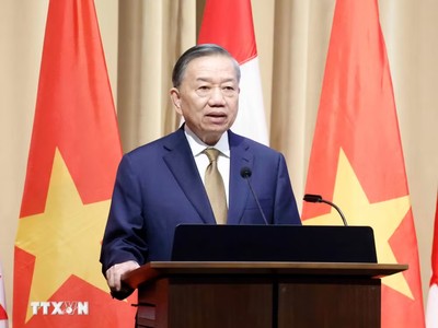 Tổng Bí thư, Chủ tịch nước Tô Lâm phát biểu chính sách "Quan hệ đối tác chiến lược Việt Nam – Canada trong bối cảnh thế giới đầy biến động”. (Ảnh: Thống Nhất/TTXVN)