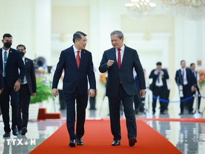 Thủ tướng Hun Manet đón Thủ tướng Lê Minh Hưng thăm chính thức Vương quốc Campuchia. (Ảnh: Dương Giang/TTXVN)