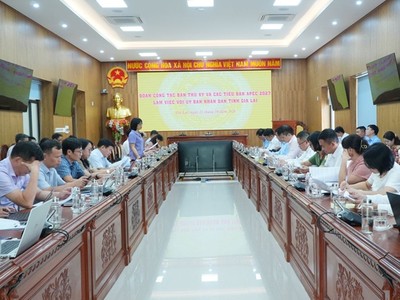 Bà Nguyễn Thị Thanh Lịch, Phó chủ tịch UBND tỉnh Gia Lai báo cáo công tác chuẩn bị các điều kiện tổ chức Hội nghị ISOM APEC 2027 với đoàn công tác Ban Thư ký và các Tiểu ban APEC 2027. Ảnh: Kim Loan.