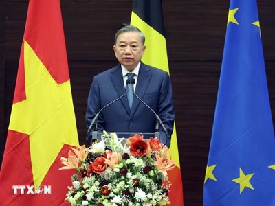 Tổng Bí thư, Chủ tịch nước Tô Lâm phát biểu chính sách tại Viện Quan hệ quốc tế Hoàng gia Egmont. (Ảnh: Thống Nhất/TTXVN)