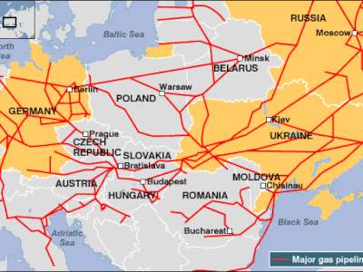 Bản đồ các đường ống khí chính từ Nga sang Đông Âu